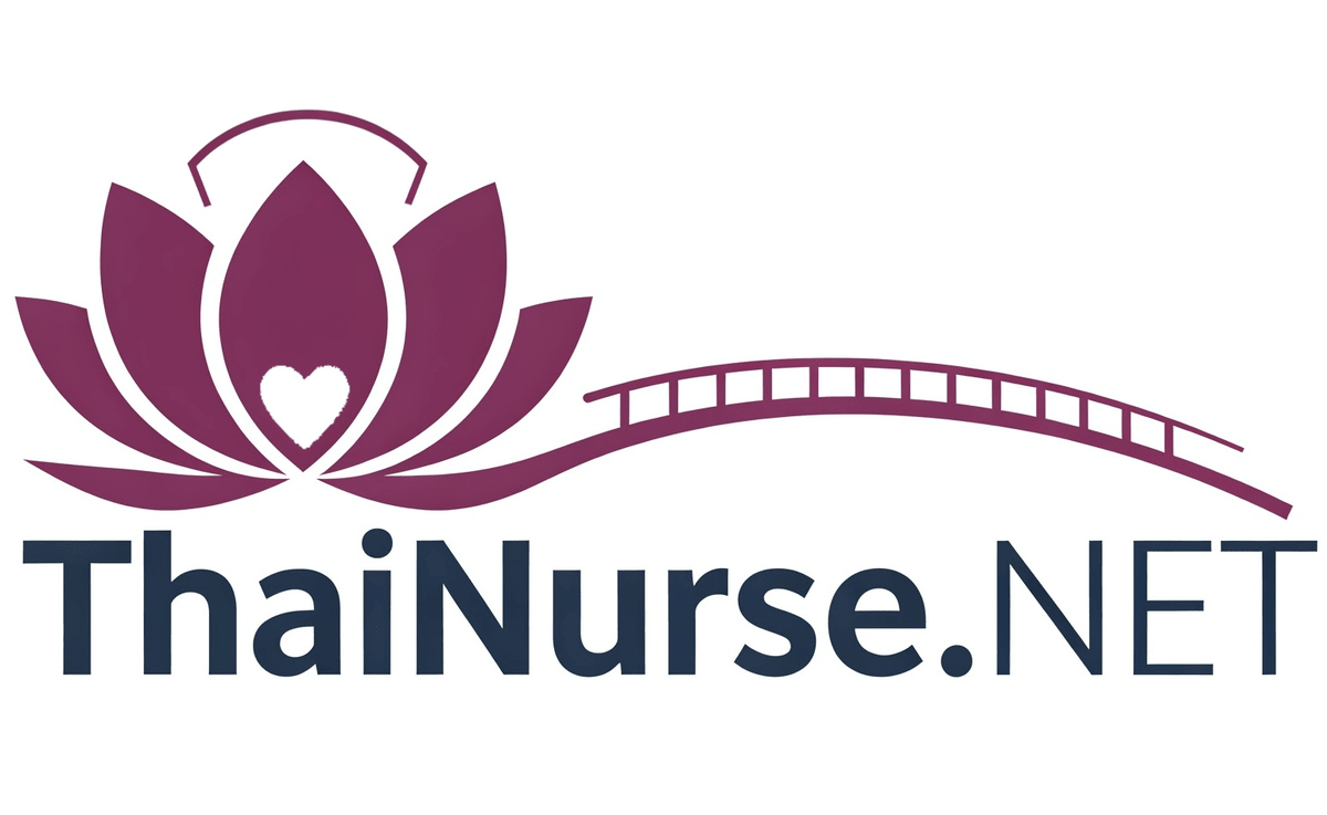 ThaiNurse.NET Logo - Lotus blossom with heart and bridge symbolizing the connection between Thailand and Germany in the nursing sector