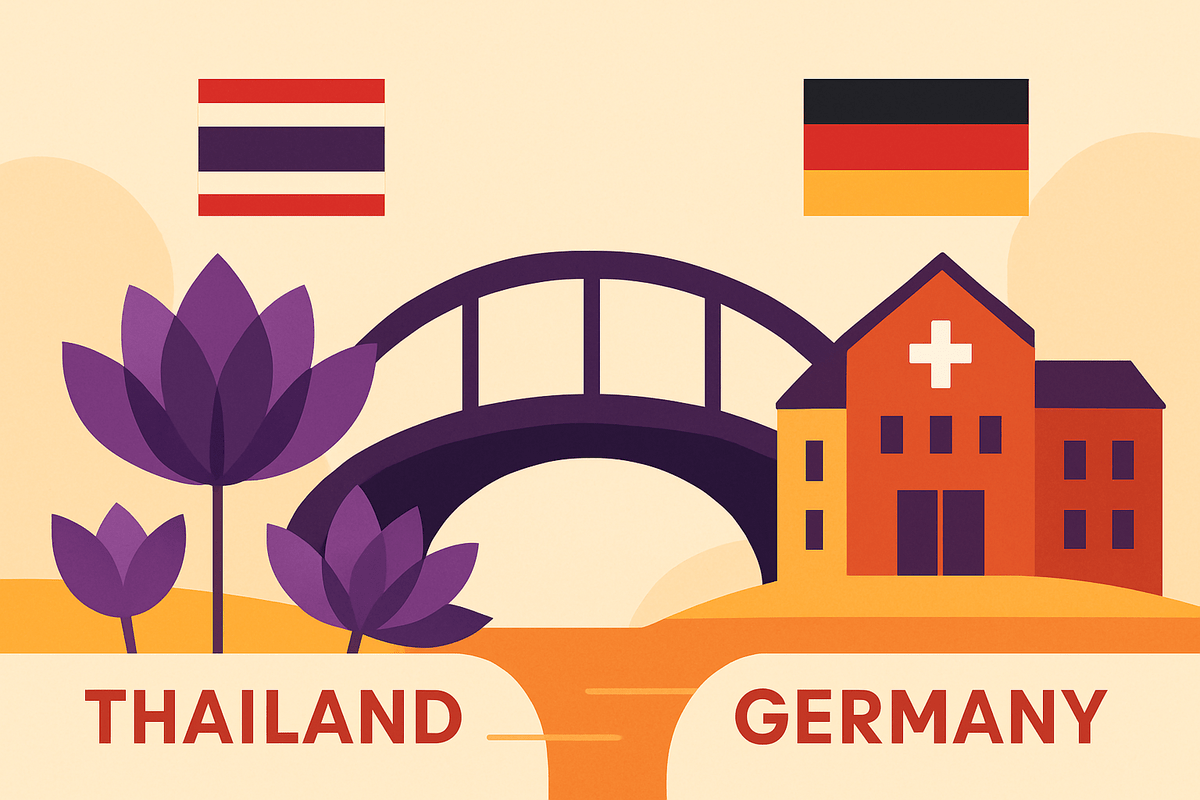Symbolic bridge between Thailand and Germany with lotus blossoms and healthcare facility, representing the cultural connection