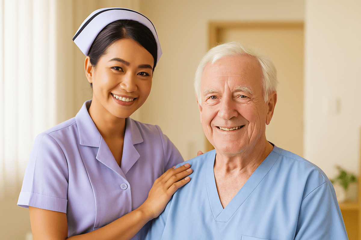 Thai nurse in purple uniform caring for an elderly German patient
