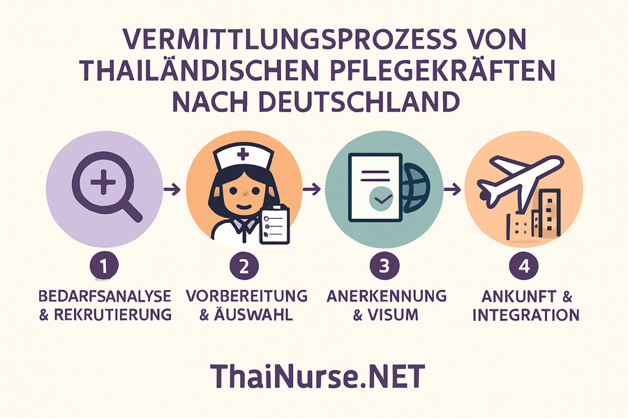 Vierstufiger Vermittlungsprozess für thailändische Pflegekräfte: Bedarfsanalyse & Rekrutierung, Vorbereitung & Auswahl, Anerkennung & Visum, Ankunft & Integration