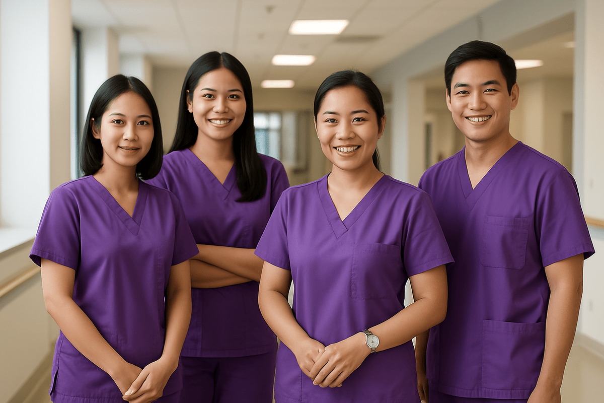 Professional team of Thai nursing staff in purple uniforms ready for deployment in German healthcare facilities